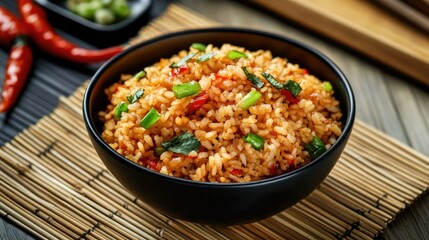 Rice in a black bowl on a bamboo mat, with soy sauce and chili peppers adding vibrant color.