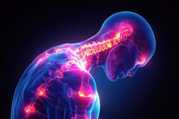 Fototapeta premium An artistic representation of the human skeletal and nervous system illuminated in vibrant colors.
