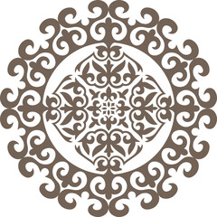 Round openwork gold Asian Kazakh ornament frame plate. Ornamental element of Turkic, Kazakh, Kyrgyz, Uzbek, national Asian decor for ceramic, textile, embroidery gold, skullcap, yurt, sandblasting