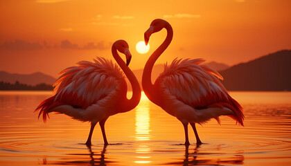 Fototapeta premium Beautiful flamingos standing gracefully together at sunset with a glowing horizon