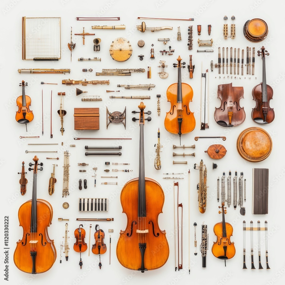 Poster orchestral instruments arranged neatly on white background.