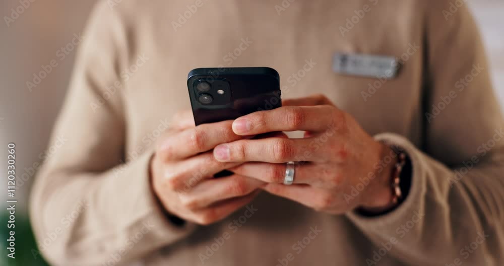 Poster Business man, hands and typing with phone in office for text message, social networking and checking notifications. Professional, employee and smartphone for writing email response and mobile chat