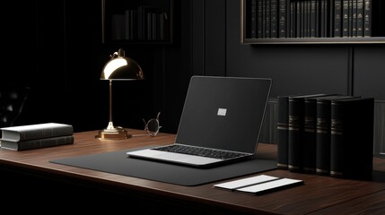 Naklejka premium Dark modern office desk with laptop, books, and lamp.