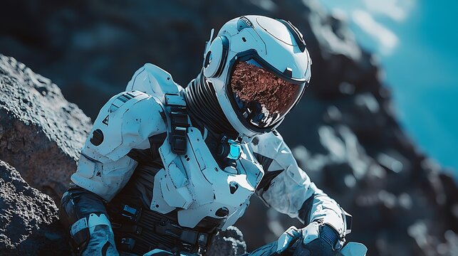 A man in a white space suit is sitting on a rock