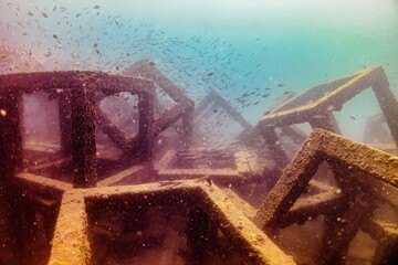 School of fish swimming over artificial coral reef structures