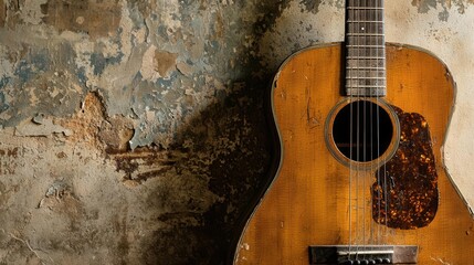 Fototapeta premium Rustic acoustic guitar against weathered wall close-up vintage artistic natural light music concept