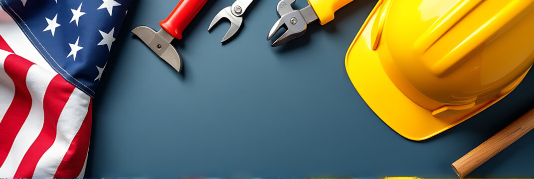 A Labor Day concept with various tools a yellow hard hat and an American flag represents the hard work and dedication of American workers._00001_