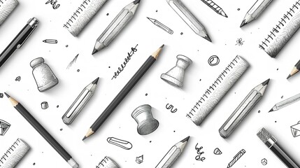 School supplies seamless pattern. Education accessories pencil and pen notebook black line doodle cartoon isolated on white background.