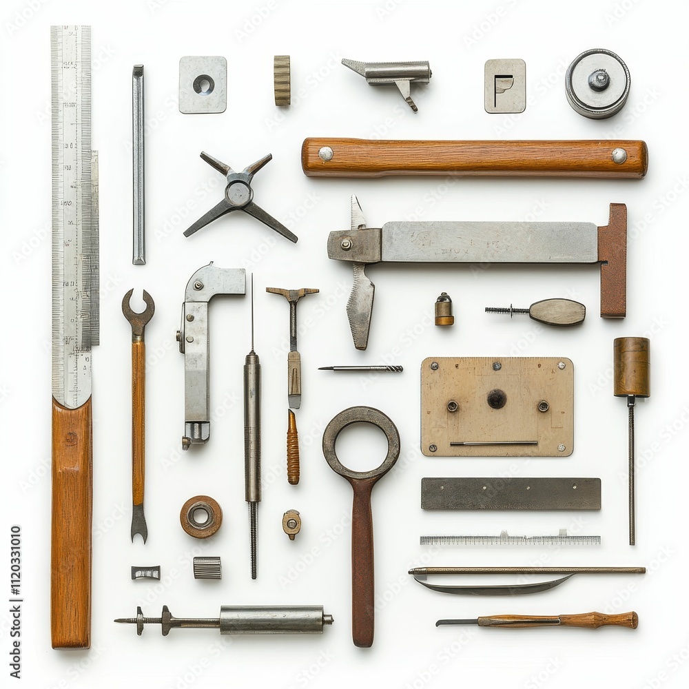 Poster precision instruments arranged neatly on white.