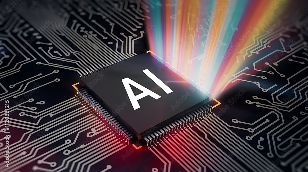 Poster ai word on microchip and colorful light spread with strong beam , ai concept with copy space banner 