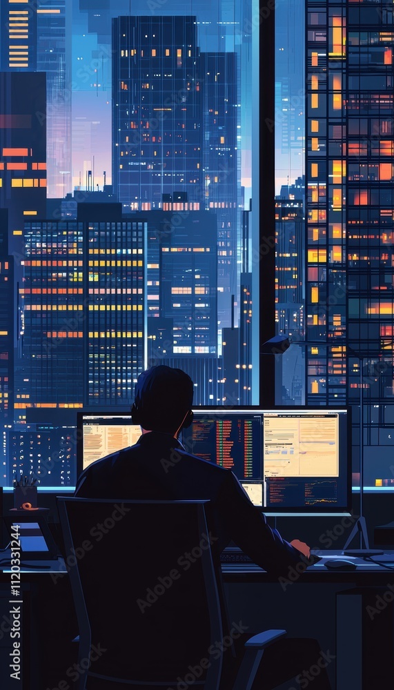 Poster financial analyst using ai investment platform with cityscape background for efficient stock analysi