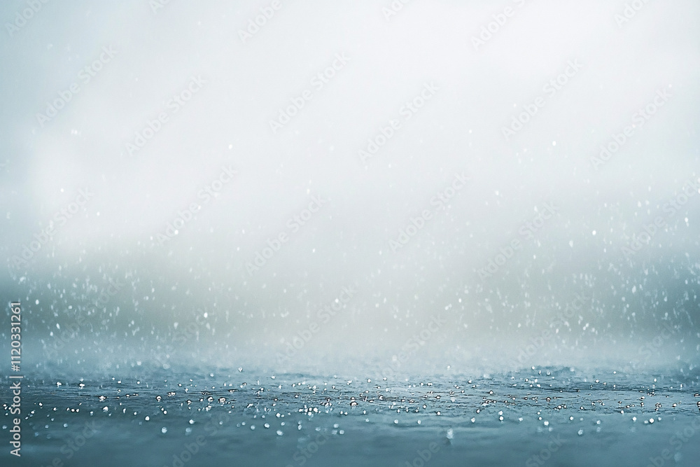 Poster soft rain falling over a calm water surface with a misty blurred background creating a peaceful and 