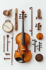 Naklejka premium Disassembled string and wind instruments, neatly arranged.