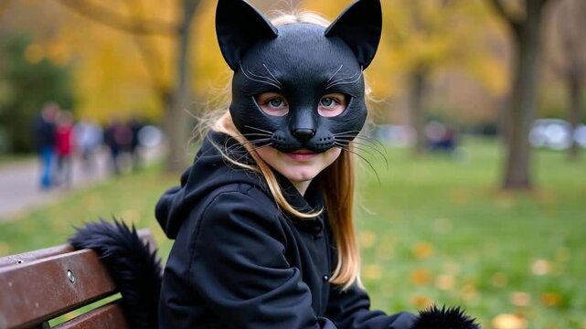 video portrait of a teenage girl in a paper black carnival cat mask, fluffy ears on a teenage girl sitting on a park bench, the concept of relationships with quadrobers
