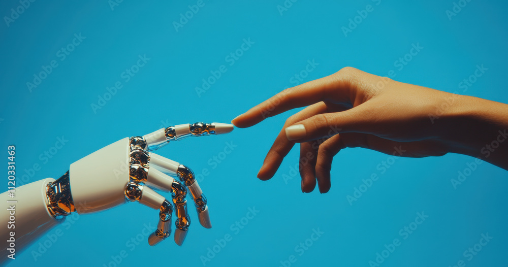 Aufkleber the touch of a human hand and a robot's finger with artificial intelligence, symbolizing the connect
