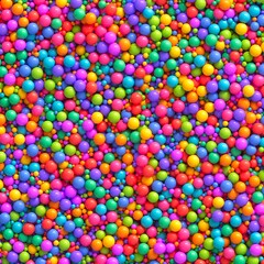 Many glossy random colorful bright cheerful multicolored glossy balls background. Huge pile of mixed vibrant spheres ideal for kid's zone, playroom decor, children’s design, festive themes. 3d render