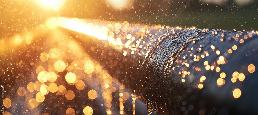 Poster resource-efficient irrigation: close-up of a sunlit pipe system in crop field