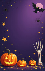 A festive Halloween scene is set against a deep purple background with pumpkins spiders bats stars confetti and a skeletal hand visible._00001_