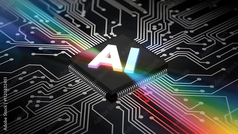 Poster ai word on microchip and colorful light spread with strong beam , ai concept with copy space banner 