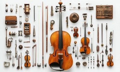Fototapeta premium Stringed instruments, tools, and small antique objects arranged.