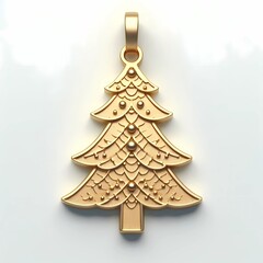 Golden Christmas pine tree neckless pendant on white background