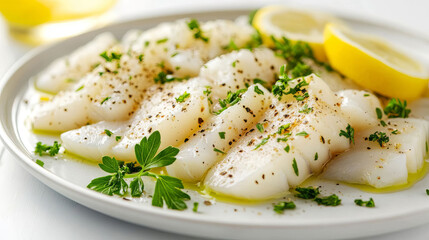 Freshly prepared fish fillets with herbs and lemon served on a white plate