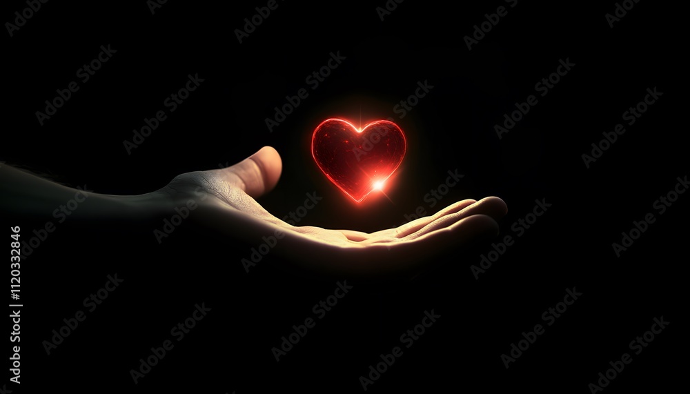 Poster a hand reaching out with a glowing heart symbolizing love, compassion, and connection against a dark
