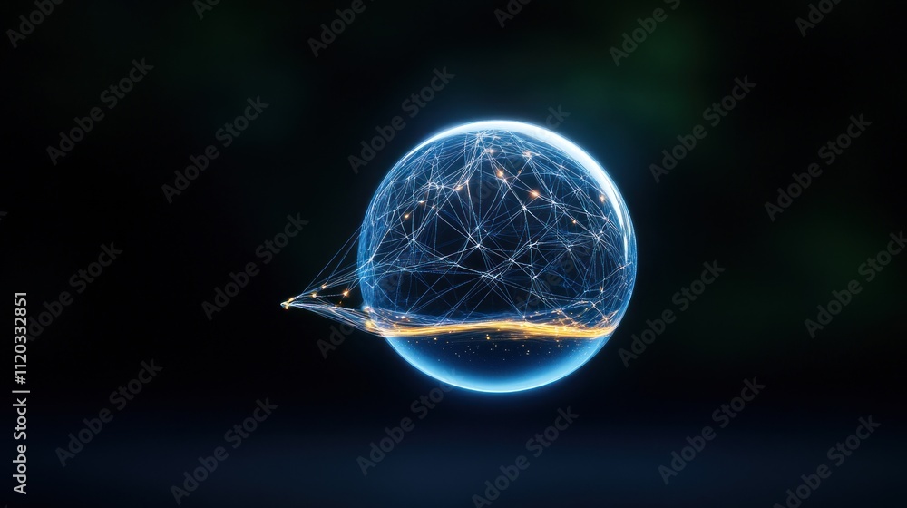 Poster a glowing sphere connected by lines, symbolizing networks and data.