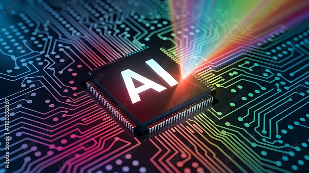 Poster ai word on microchip and colorful light spread with strong beam , ai concept with copy space banner 