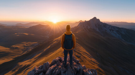 Man in Yellow Jacket Stands on Mountain Peak at Sunrise Overlooking Vast Scenic Landscape
