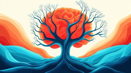 Colorful tree with vibrant orange brain-like crown.