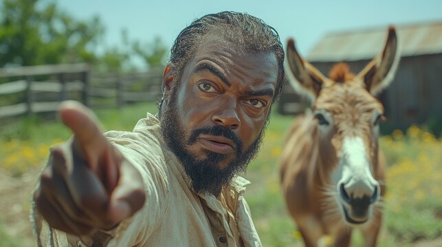 Imagen ficticia cinematogr&aacute;fica de un hombre afroamericano con un burro, sonriendo o burl&aacute;ndose de alguien sin tener conocimientos.