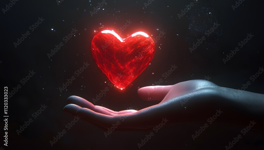 Poster Hands Holding a Shiny Red Heart Symbolizing Love and Compassion in a Mystical Dark Setting with Soft Glow and Sparkling Effects