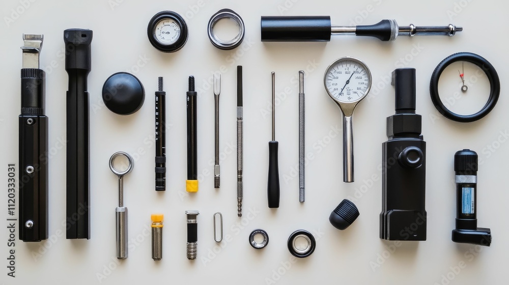 Poster precision instruments, gauges, and various tools arranged neatly.