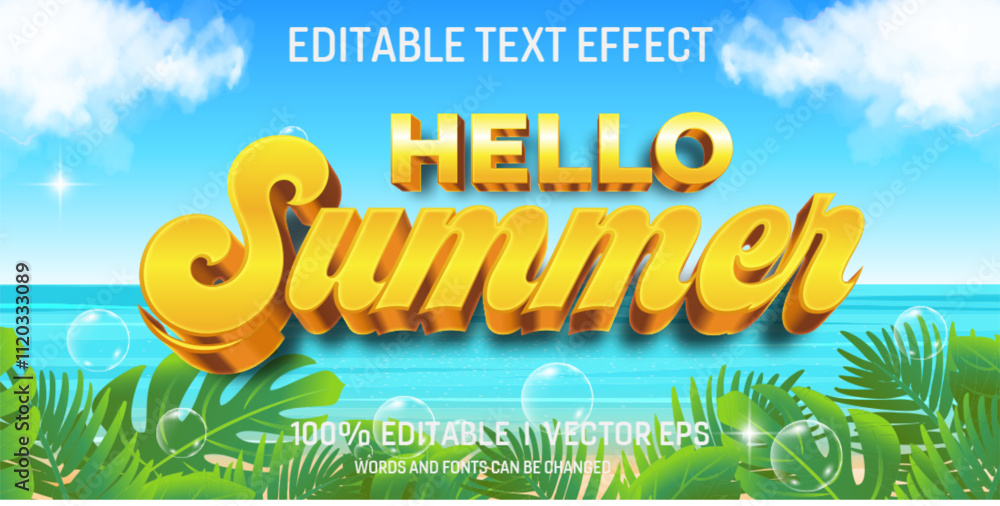 Poster hello summer vector 3d text effect with modern style design