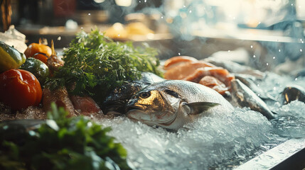Fresh catch of the day displayed on ice at a bustling seafood market in the afternoon