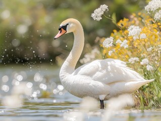 Fototapeta premium Elegant swans swimming peacefully in a lush pond nature tranquil environment close-up view