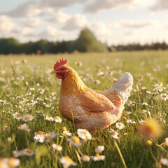 Fototapeta premium Charming chicken in blooming meadow nature scene high-resolution textures bright atmosphere lively perspective for seo impact