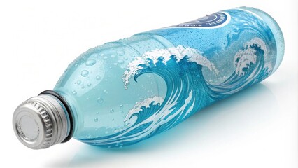 A frosted blue bottle displaying a thirstquenching electrolyte drink featuring a wave pattern that suggests hydration and ocean freshness.