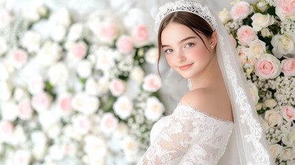 Naklejka premium Elegant Bride Posing in Front of Floral Background with Soft Lighting and Romantic Atmosphere