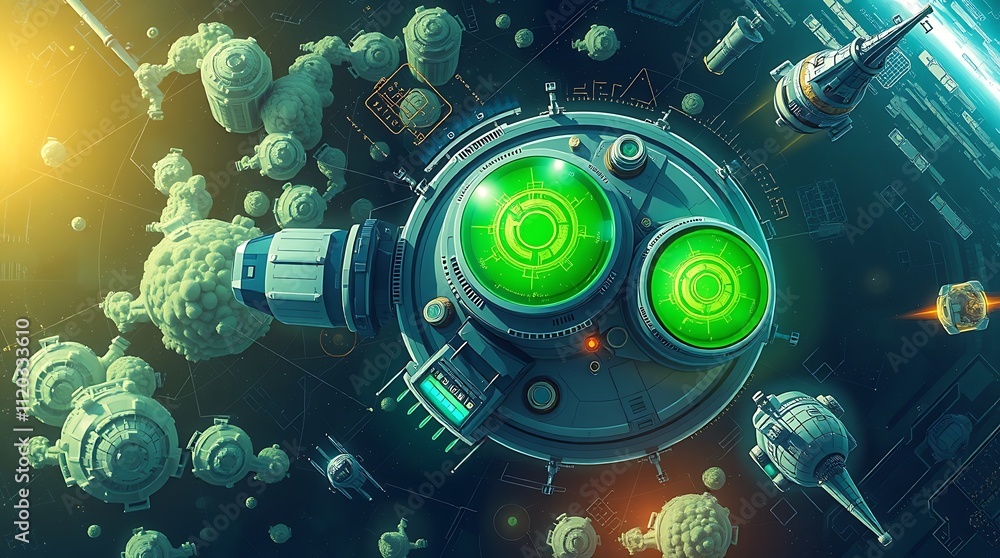 Poster cosmic explorer: futuristic spaceship navigating asteroid field