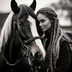 Elegant equestrian attire adorns a woman in a black jacket, white breeches, and black leather gloves as she leans against a majestic black stallion with intricate braided hair. 