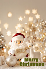 Christmas white bokeh Wallpaper with Santa and reindeer decorations, surrounded by golden ornaments, in a magical and festive mood