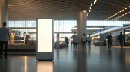 Illuminated blank billboard in airport terminal.