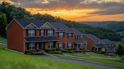 Obraz premium bright spring morning with houses casting long shadows under beautiful sunrise. landscape features lush greenery and serene atmosphere