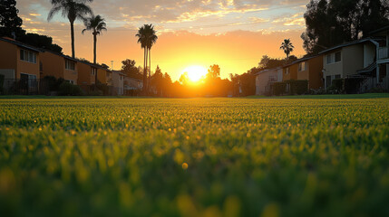 bright spring morning with houses casting long shadows as sun rises, illuminating lush green grass and creating serene atmosphere