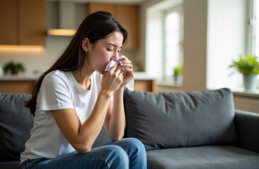 A woman sneezing into a tissue due to cold or allergies.
She appears sick and unwell, showing symptoms of illness.
The scene highlights discomfort and seasonal health issues.
