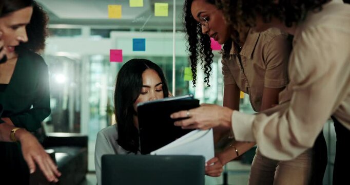 Frustrated woman, laptop or business with chaos in time lapse for demanding employees, workload or deadline at office. Female person, colleagues or busy team with pressure for multitasking or anxiety