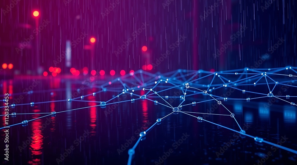 Poster neon network in the rain: a mesmerizing abstract image featuring a glowing blue network of lines and