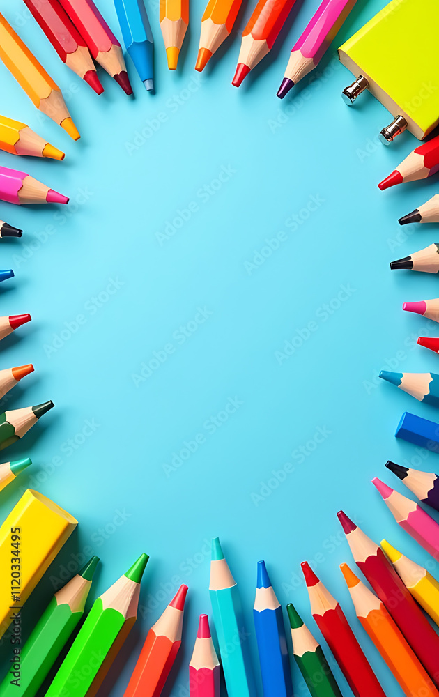 Poster a colorful array of vibrant school supplies fills a pastel blue background, perfect for showcasing t